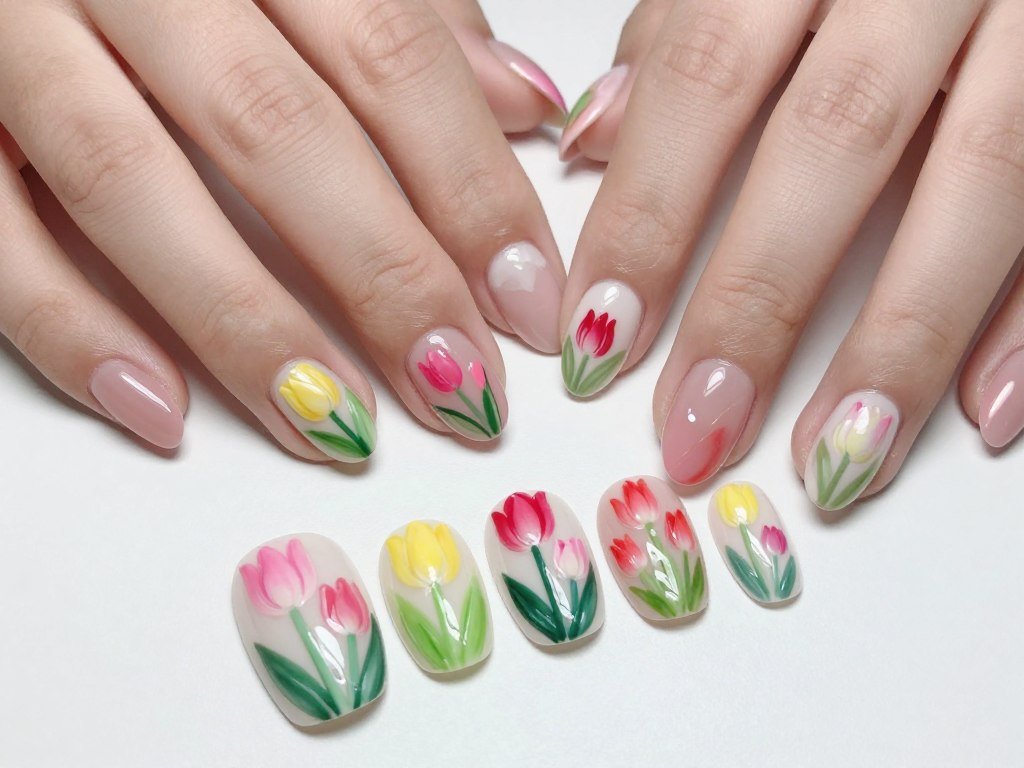 Colorful tulip nail art design with multiple tulip flowers