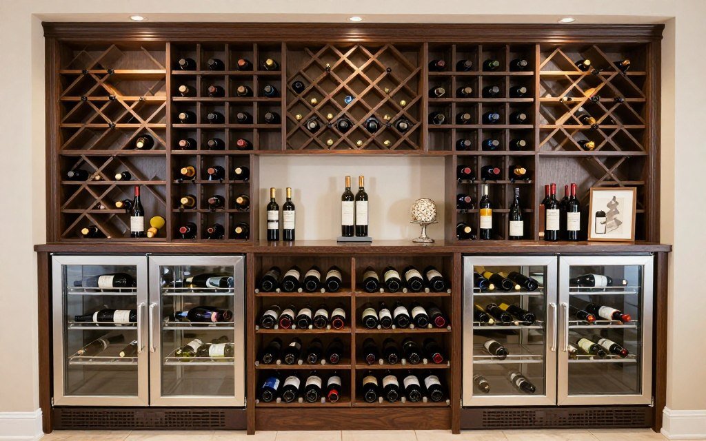 Combination of wine fridge and decorative wall wine rack