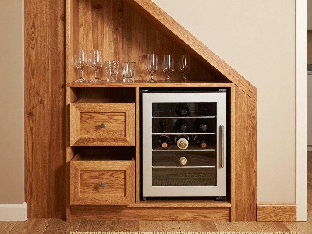 Compact under-stair bar with efficient storage showcasing built-in bar ideas