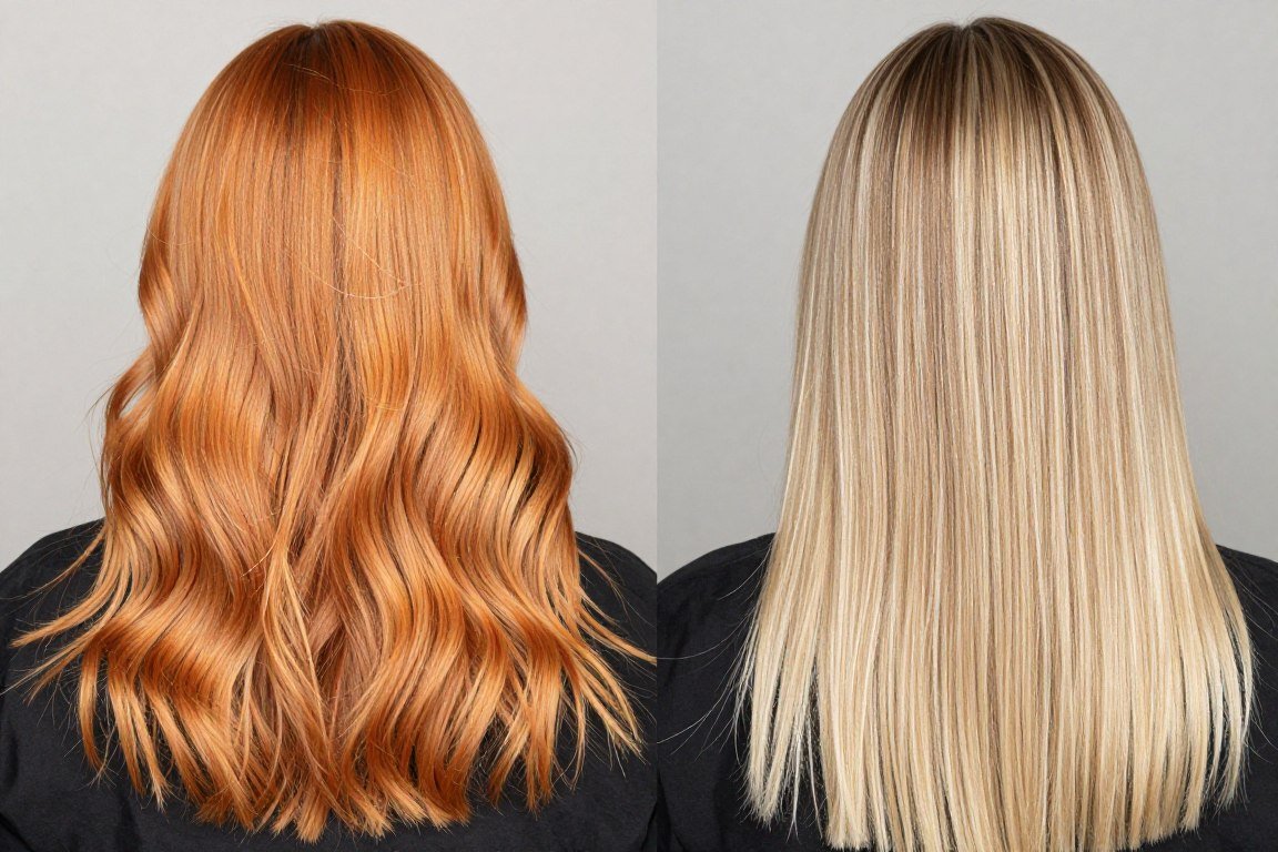 Comparison of brassy blonde versus properly toned blonde balayage