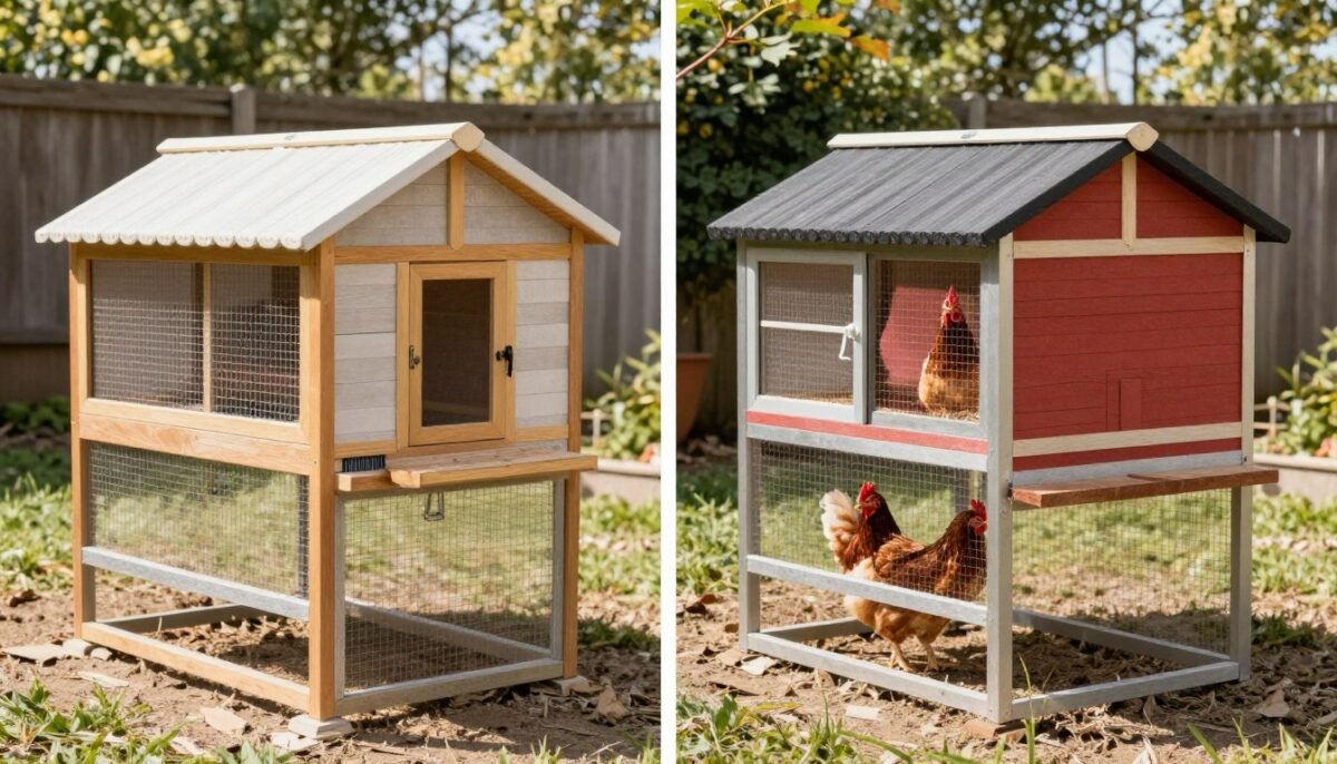 Comparison of simple budget coop next to elaborate premium coop