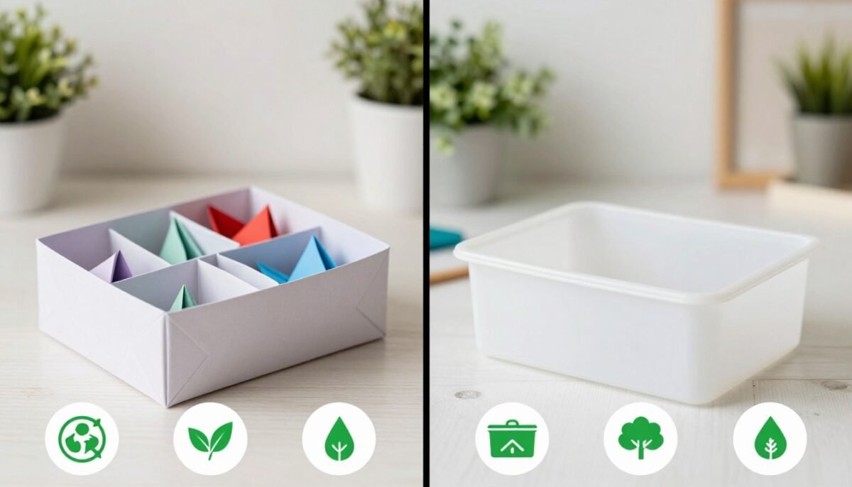 Comparison showing origami items versus plastic alternatives highlighting environmental impact