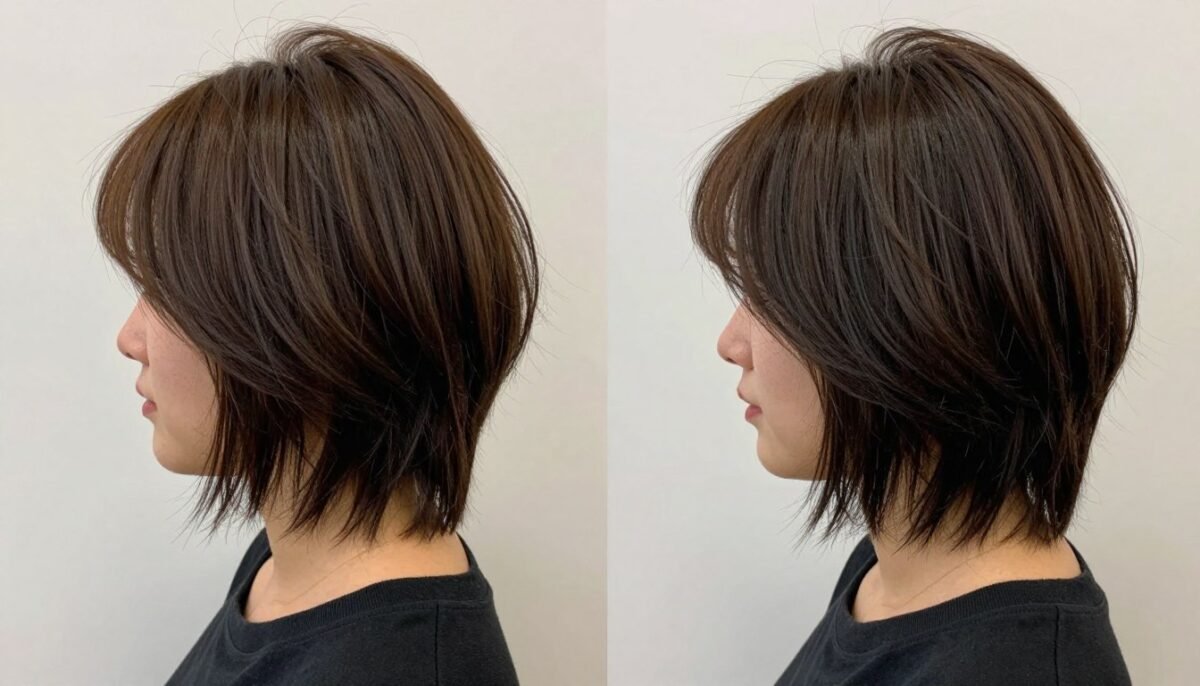 Comparison showing properly layered choppy bob versus over-layered thin-looking result on fine hair