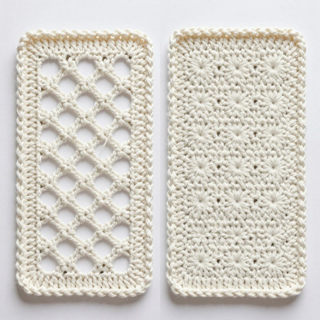 Comparison showing too-large hook creating loose stitches in crochet squirrel
