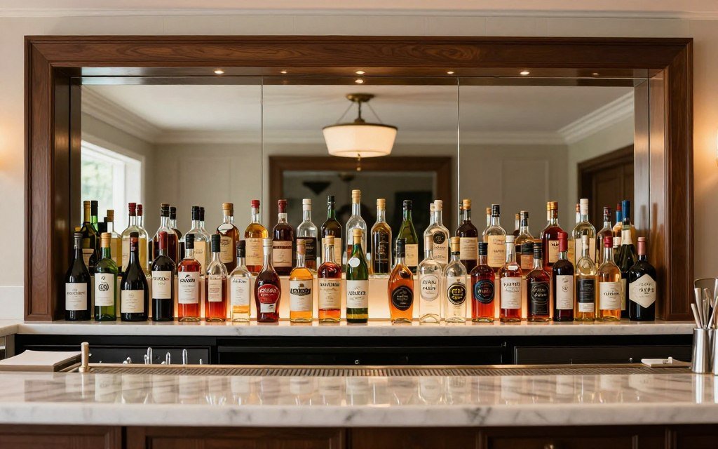 Complete bar setup with mirrored backsplash showing organized counter