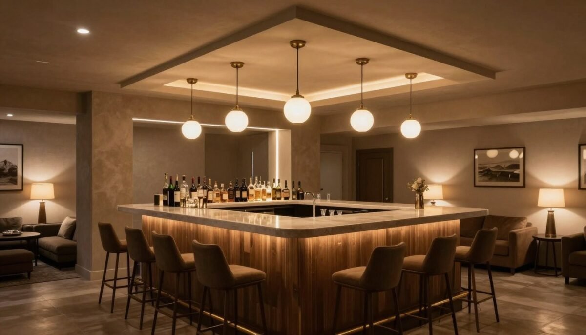 Complete basement bar with multiple lighting layers and seating areas
