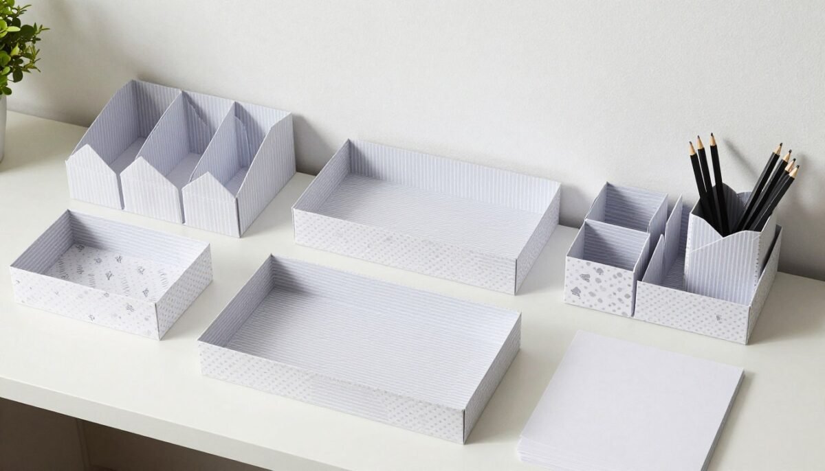 Complete desk organization setup showing multiple origami organizers holding various office supplies