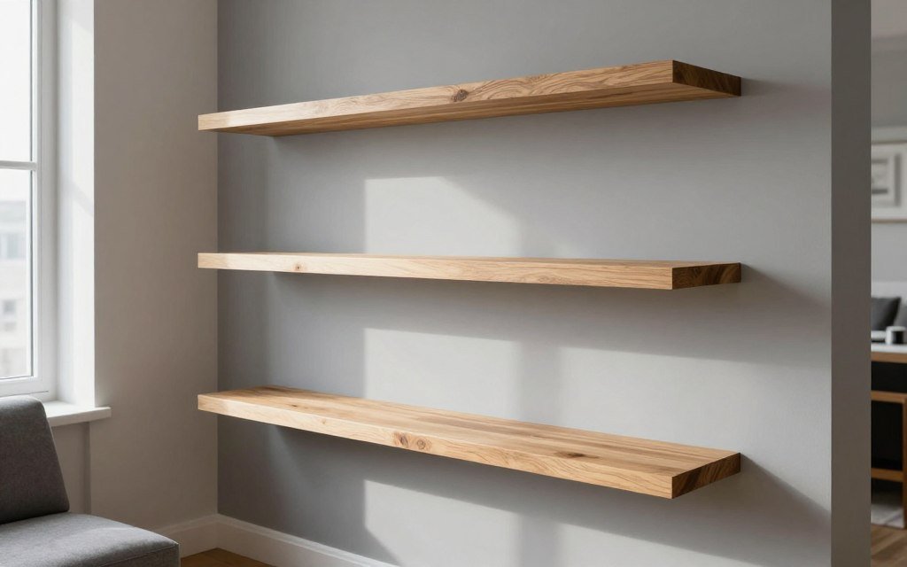 Complete floating shelf bar setup in small apartment living room