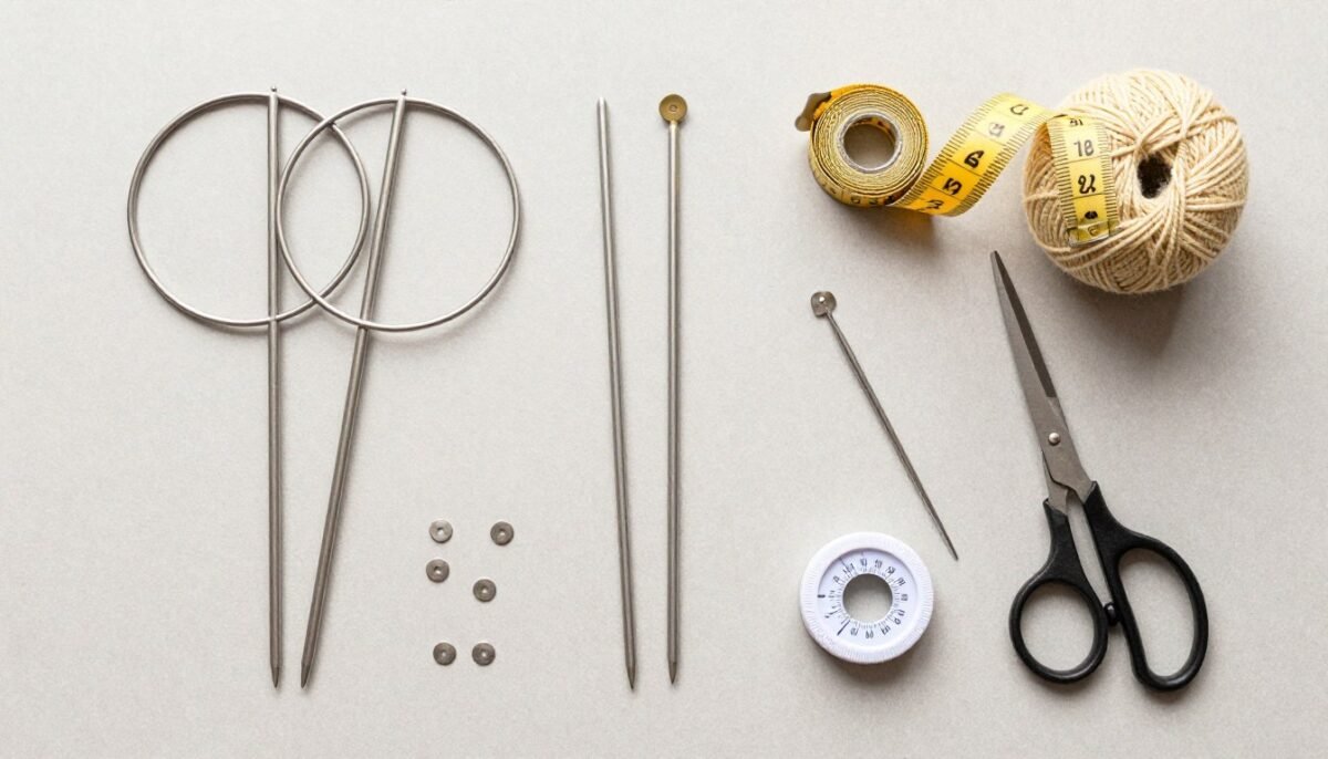 Complete knitting tool kit laid out including needles, markers, tape measure, and accessories