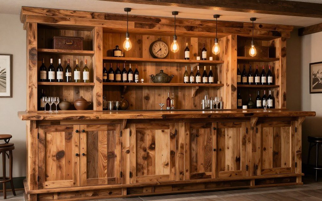 Complete rustic wooden bar with storage cabinets and shelving
