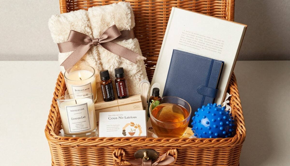 Complete self-care gift basket with variety of wellness items
