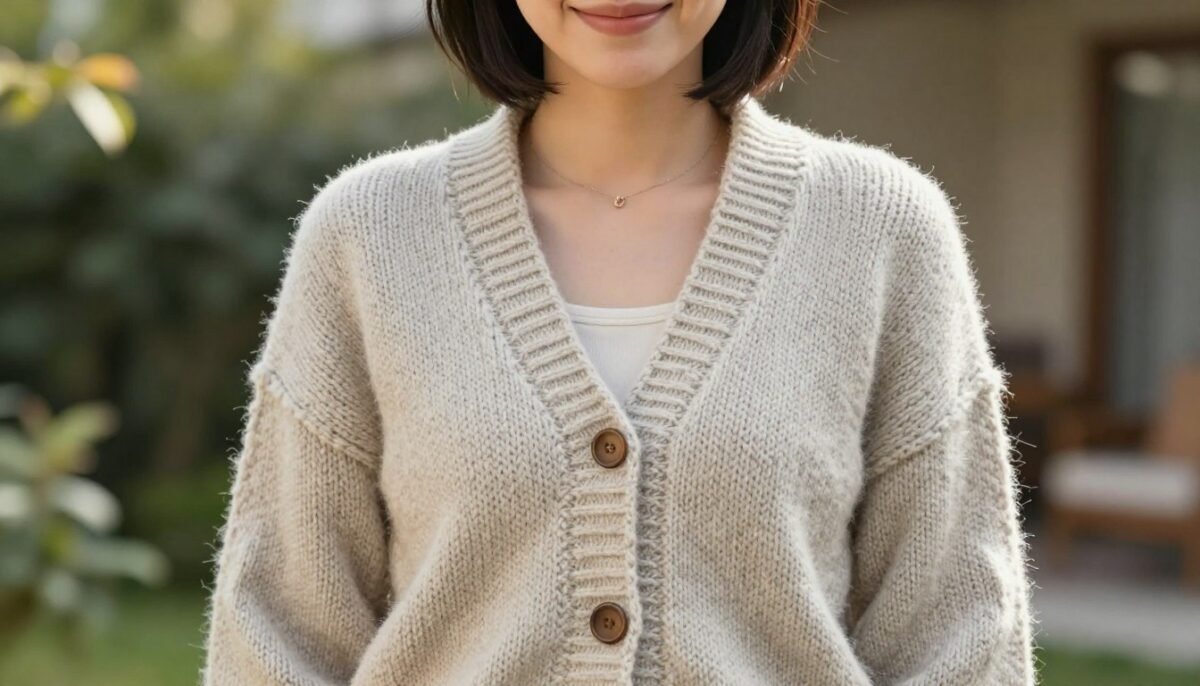 Completed Yngrid Cardigan worn by happy knitter showing finished project pride