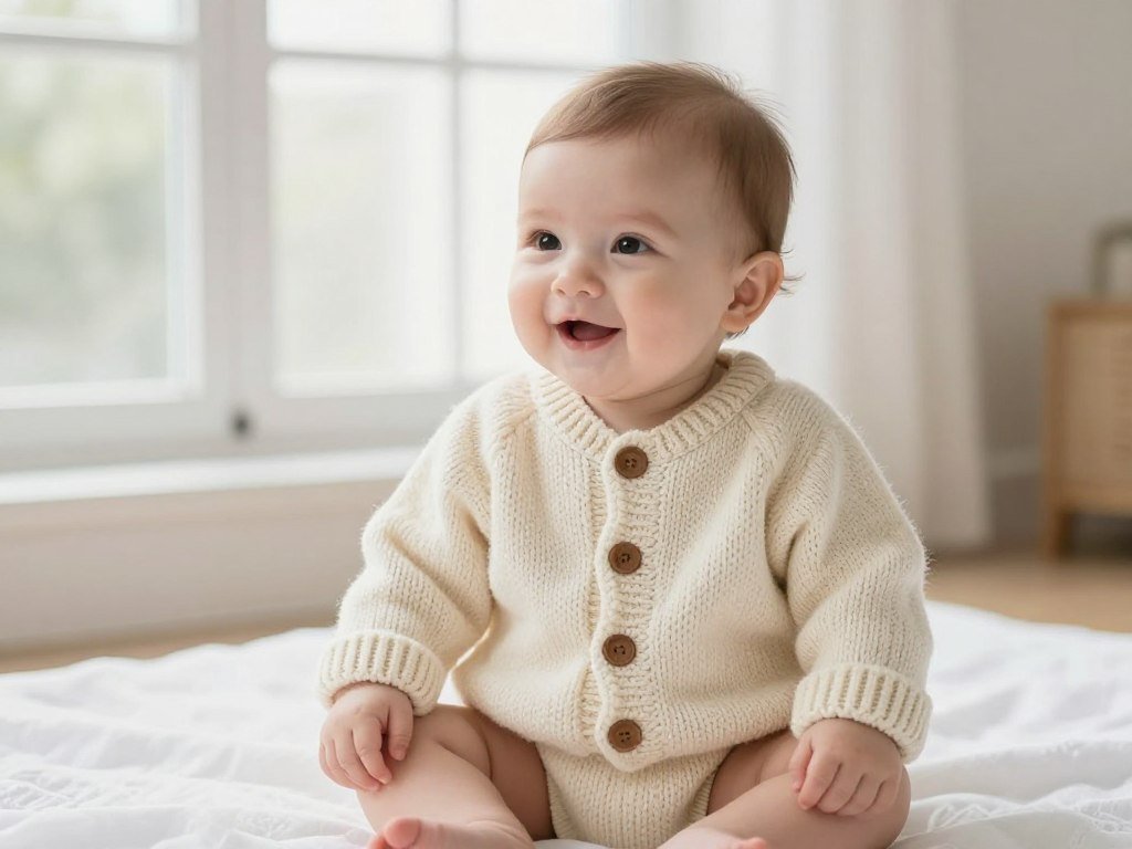 Completed baby cardigan free pattern worn by happy baby