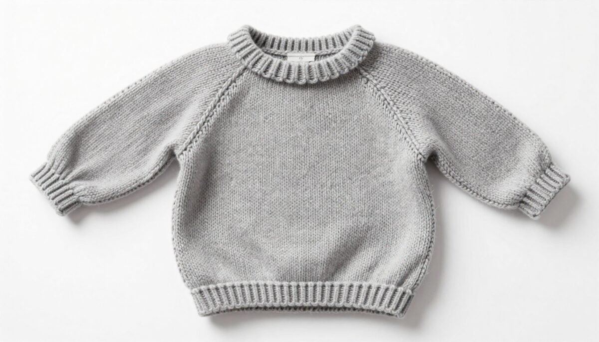 Completed baby sweater displayed with pride