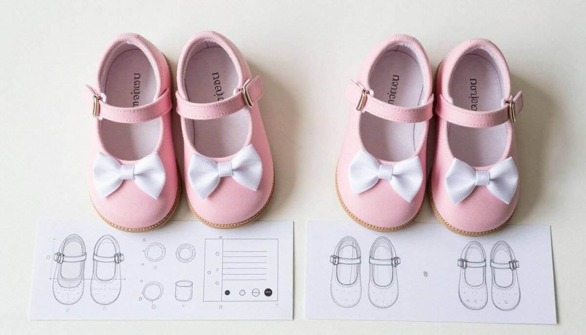 Completed handmade baby mary janes next to pattern instructions
