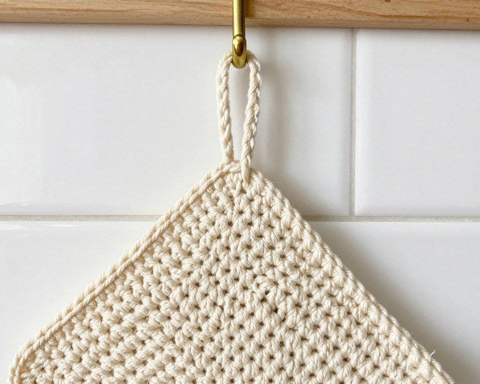 Completed hanging loop attached to corner of crochet potholder