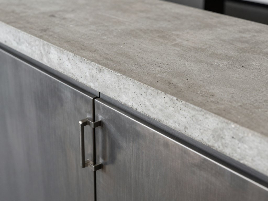 Concrete bar countertop detail with steel cabinet hardware for built-in bar ideas