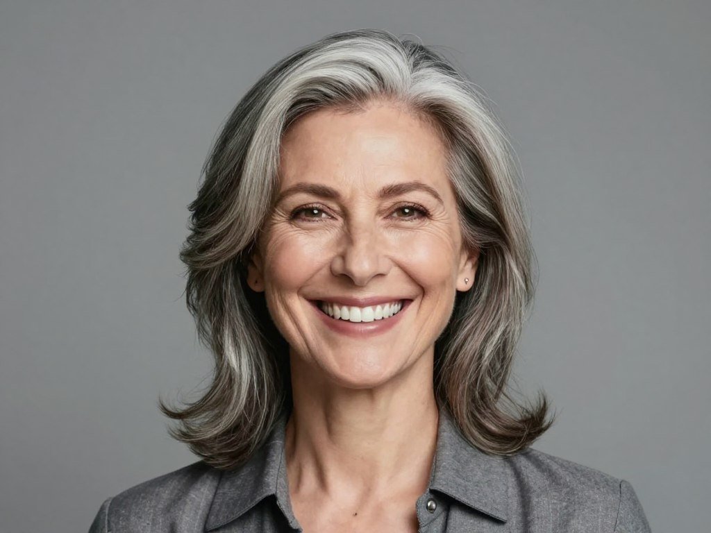 Confident woman celebrating her natural gray hair