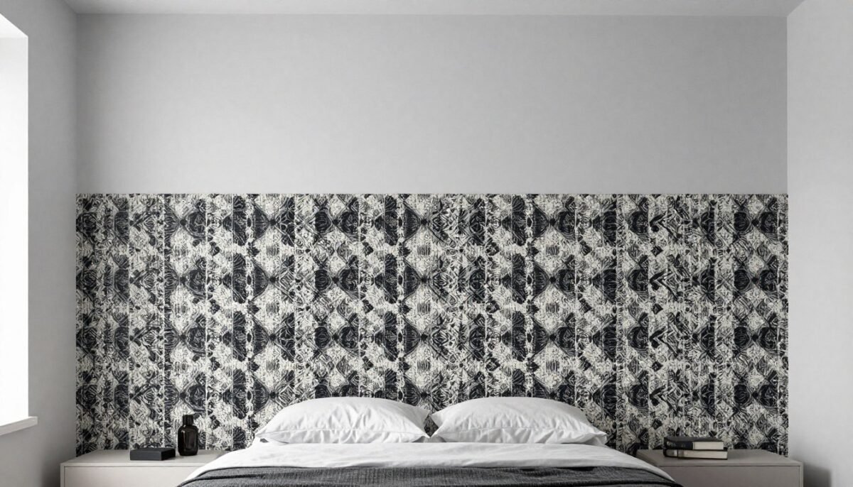 Contemporary bedroom with horizontal split showing wallpaper on lower half and paint above