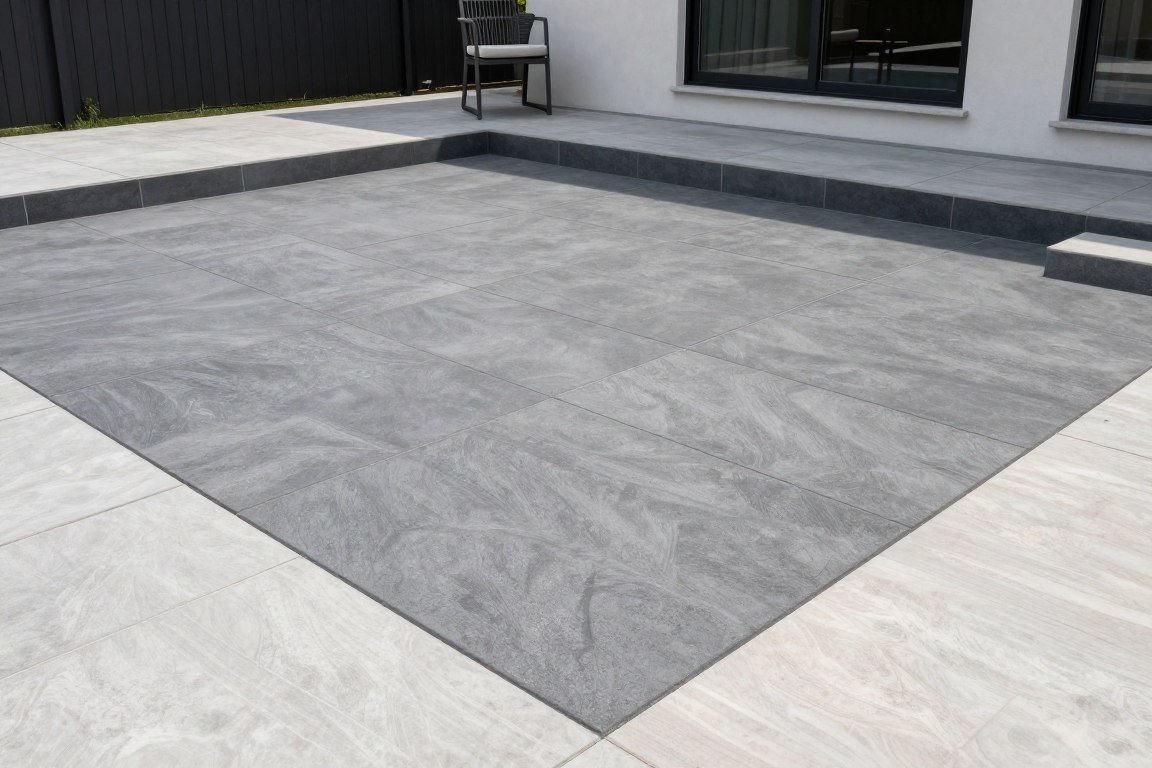 Contemporary concrete patio with geometric square and rectangular patterns in charcoal gray