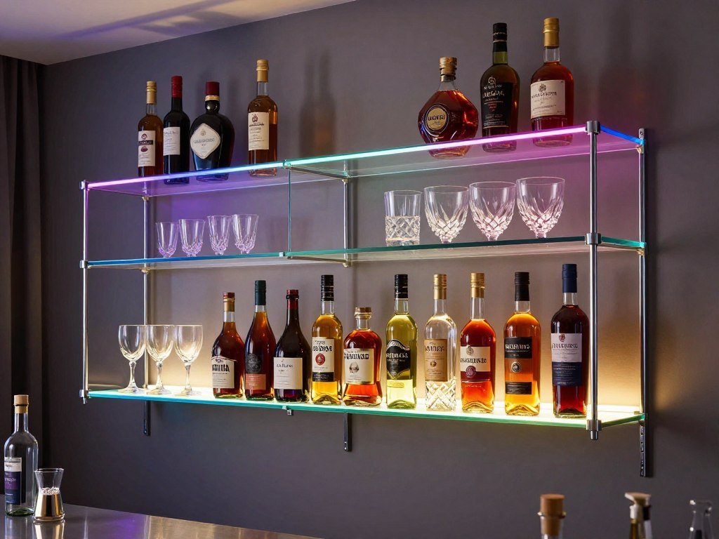 Contemporary glass bar with LED lighting and chrome details for built-in bar ideas