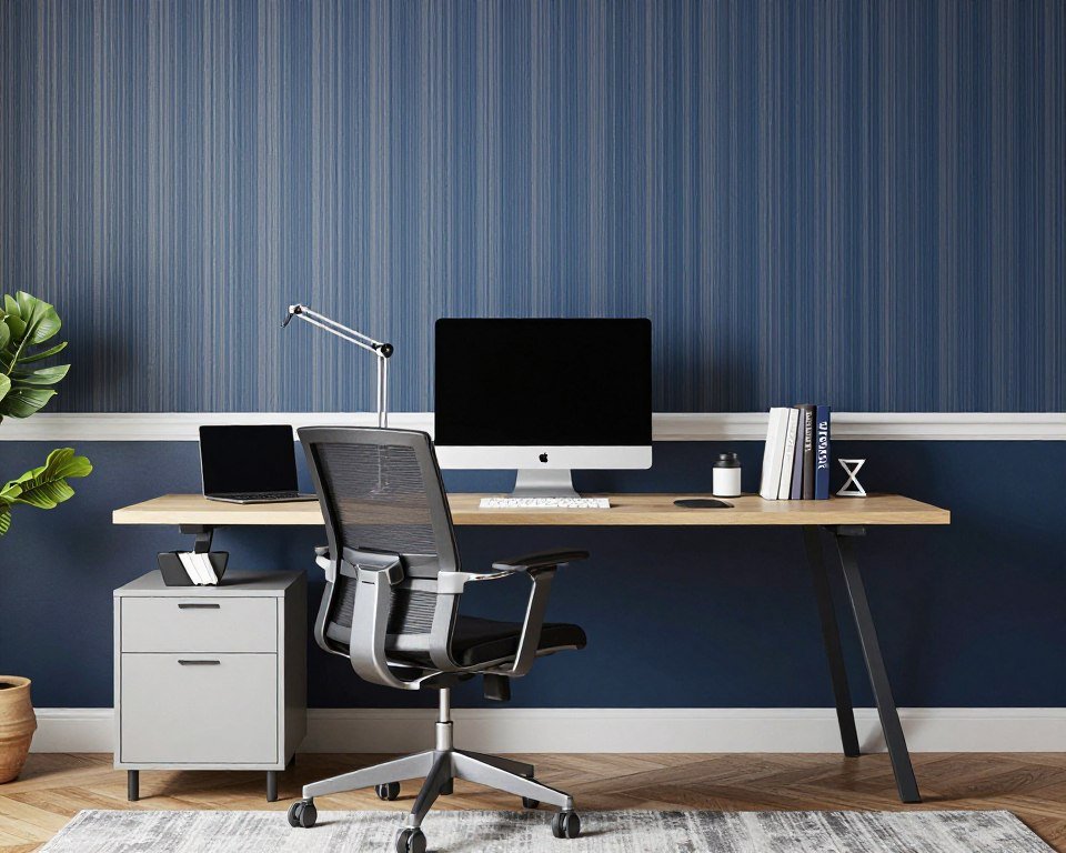 Contemporary home office with striped wallpaper and navy paint