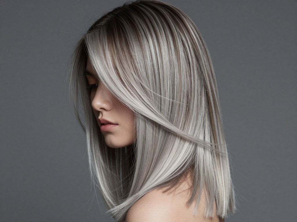 Cool blonde balayage with silver ash tones on dark hair