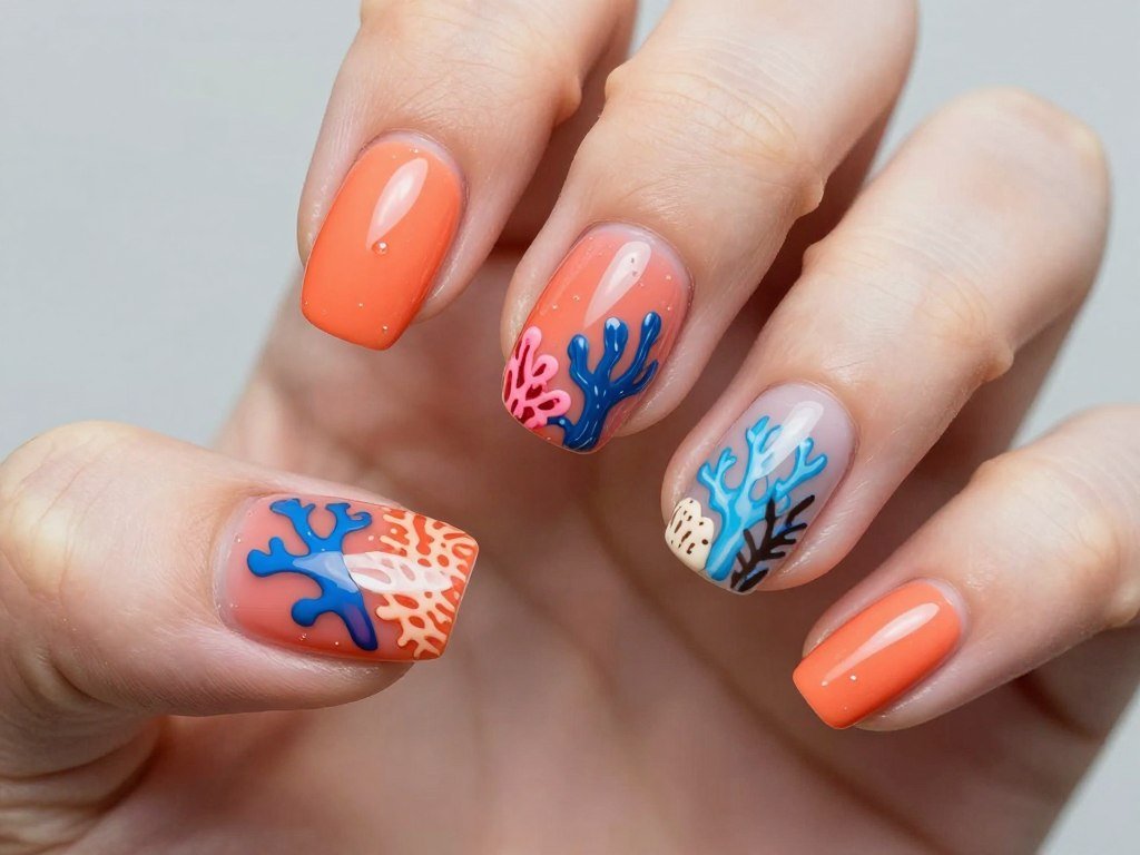 Coral reef June nails with orange coral and ocean blue details