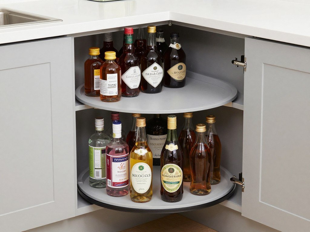 Corner cabinet with lazy susan storage mechanism