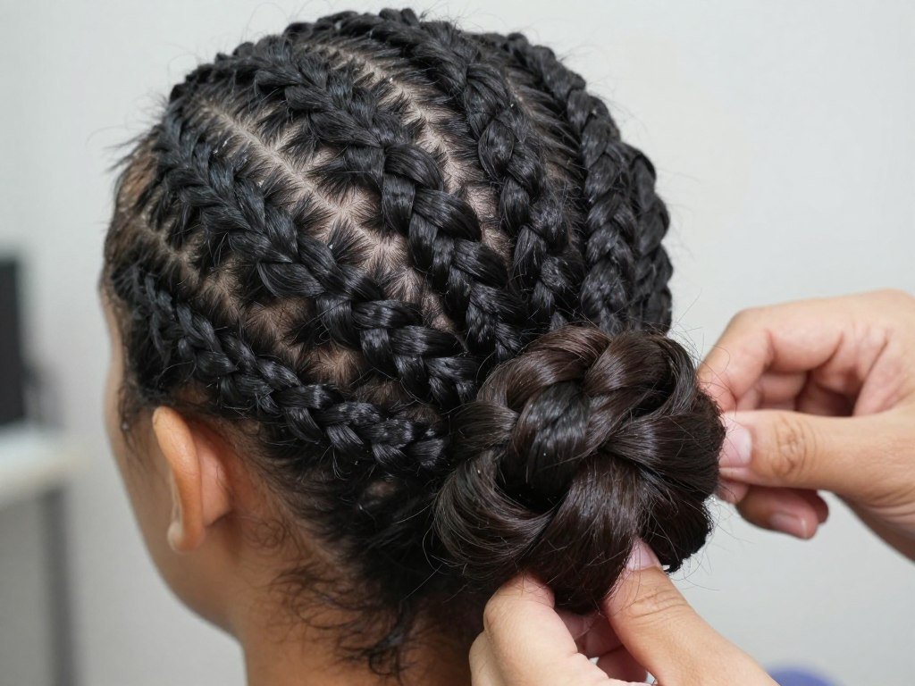 Cornrow base detail showing braiding pattern and bun foundation