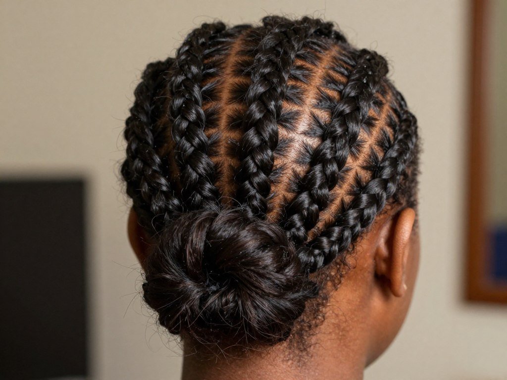 Cornrow pattern detail showing braiding technique and updo formation
