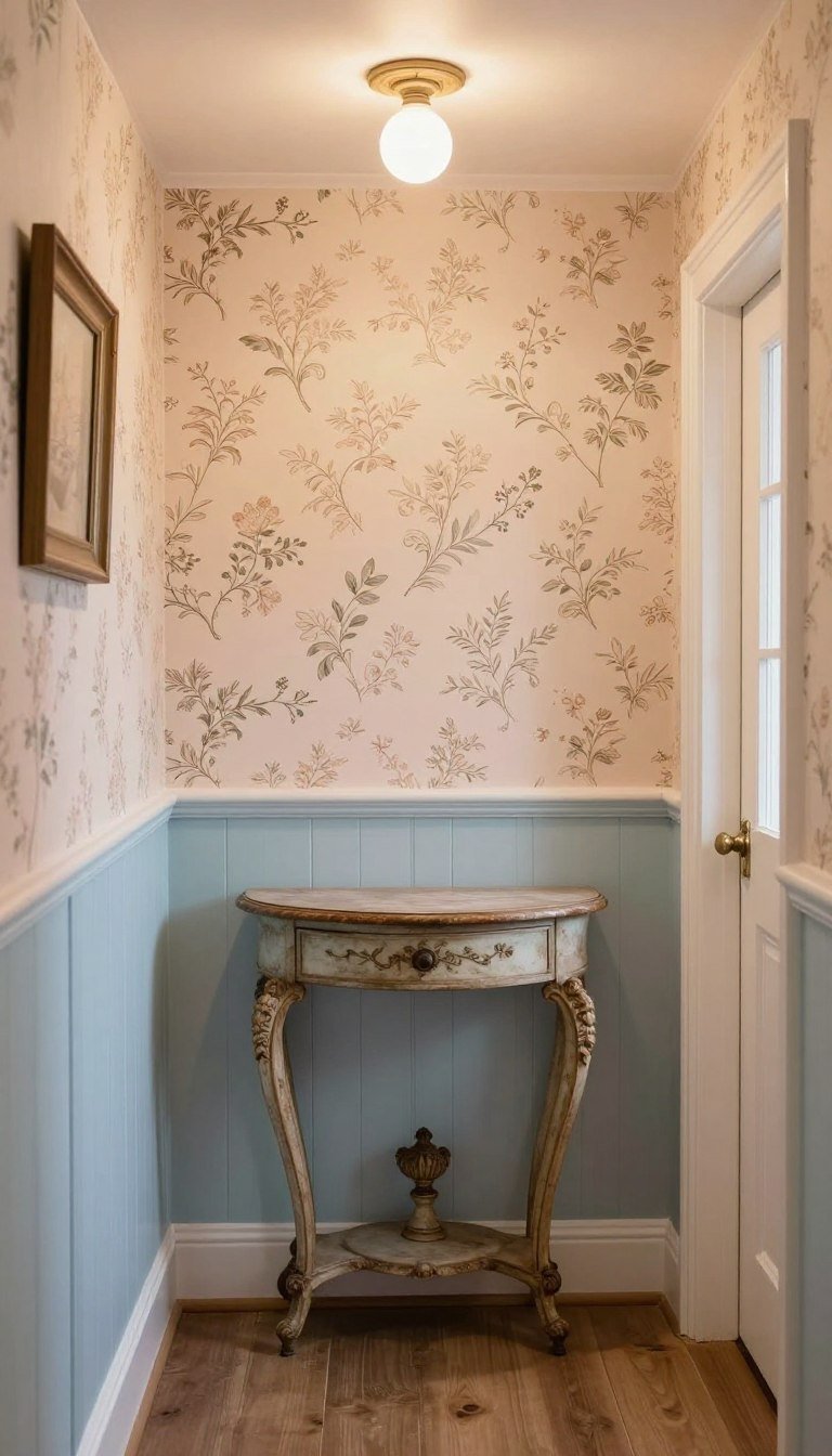 Cottage hallway with floral wallpaper and soft blue paint