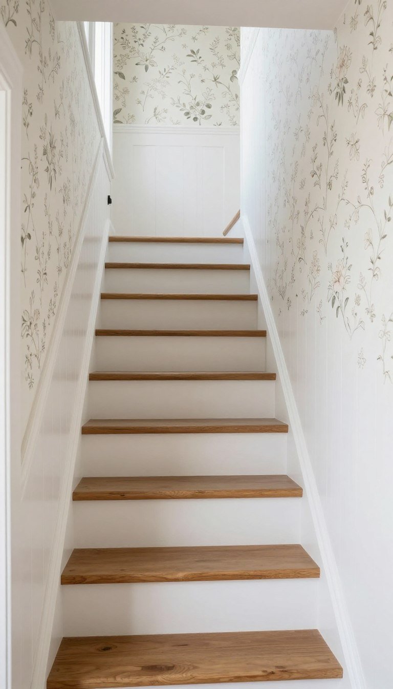 Cottage stairway with floral wallpaper and white paint