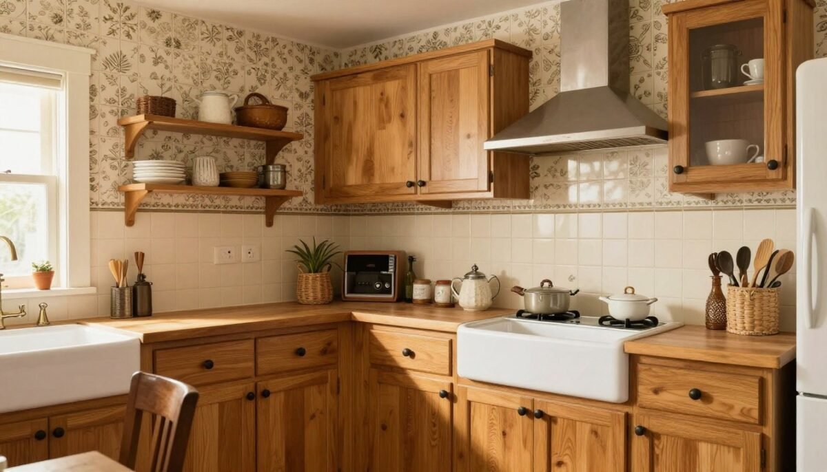 Country kitchen with tile-pattern wallpaper and cream paint