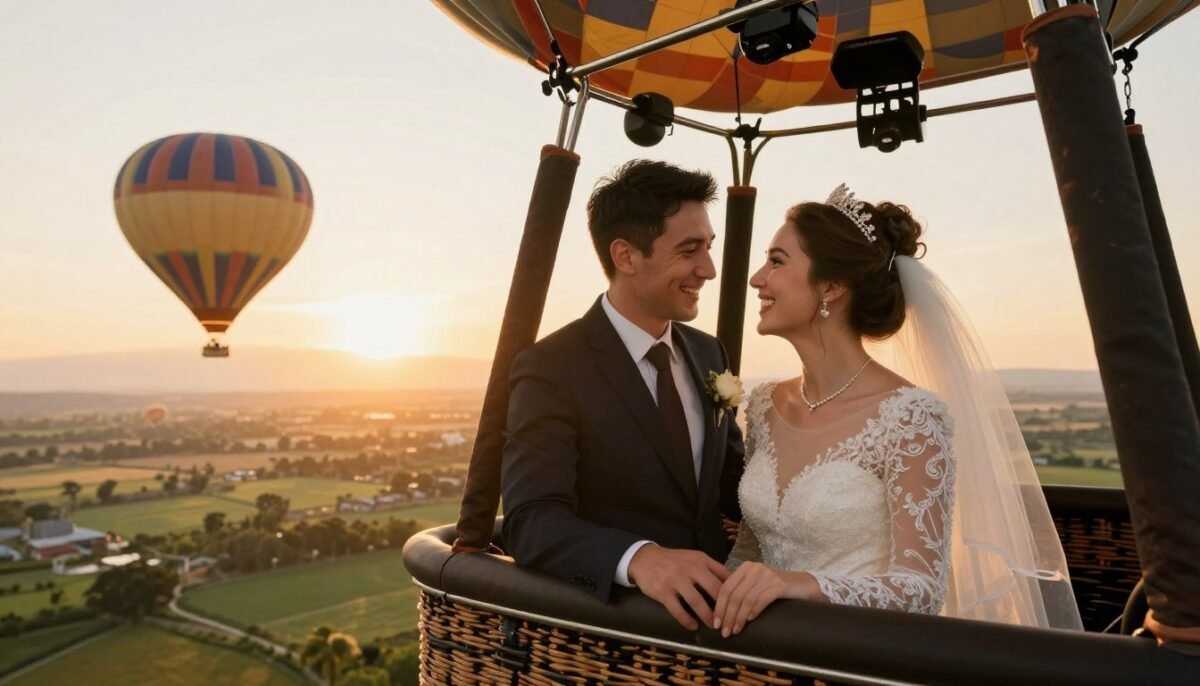 Couple enjoying hot air balloon ride experience together at sunset