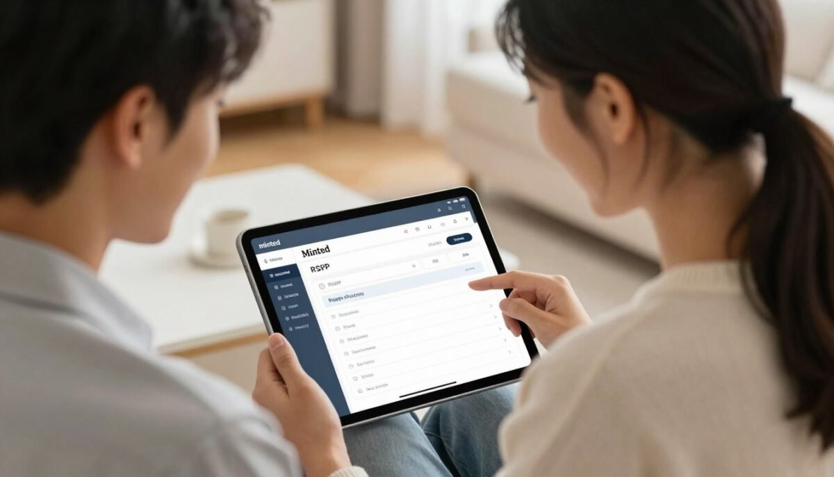 Couple using Minted wedding planning dashboard on tablet