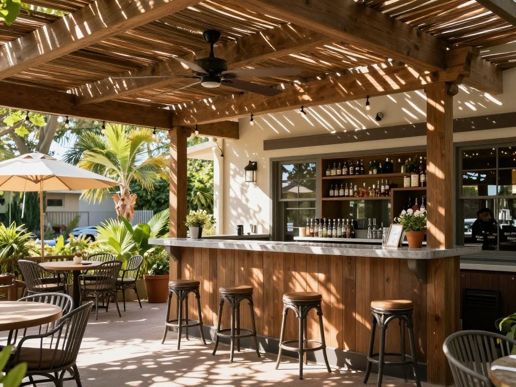 Covered patio bar with pergola overhead