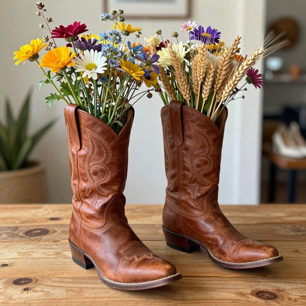 Cowboy boot vases for western party flowers