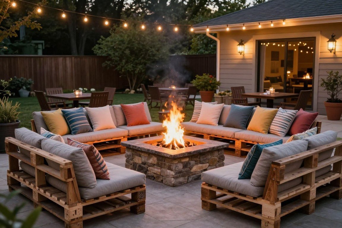 Cozy DIY pallet seating arrangement around backyard fire pit
