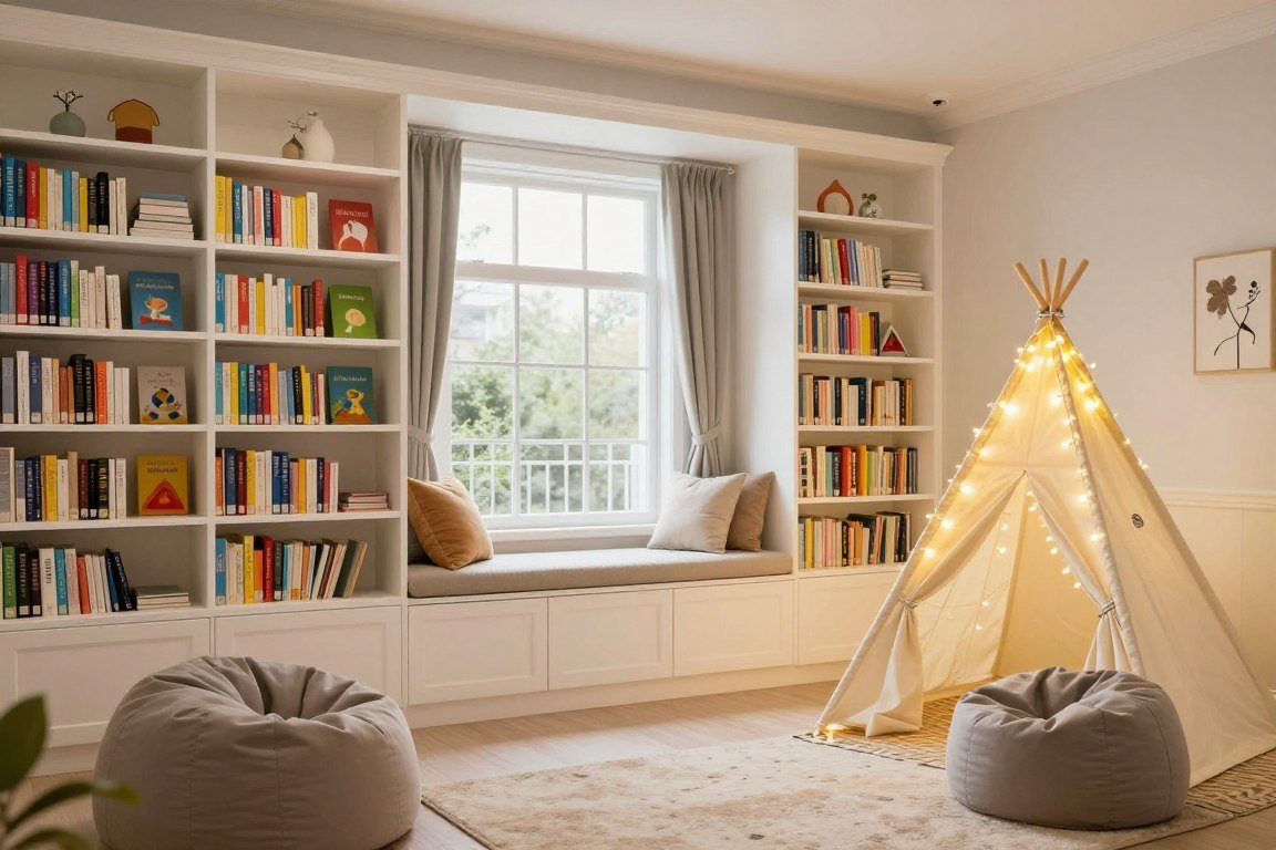 Cozy children's reading library with colorful books and comfortable seating