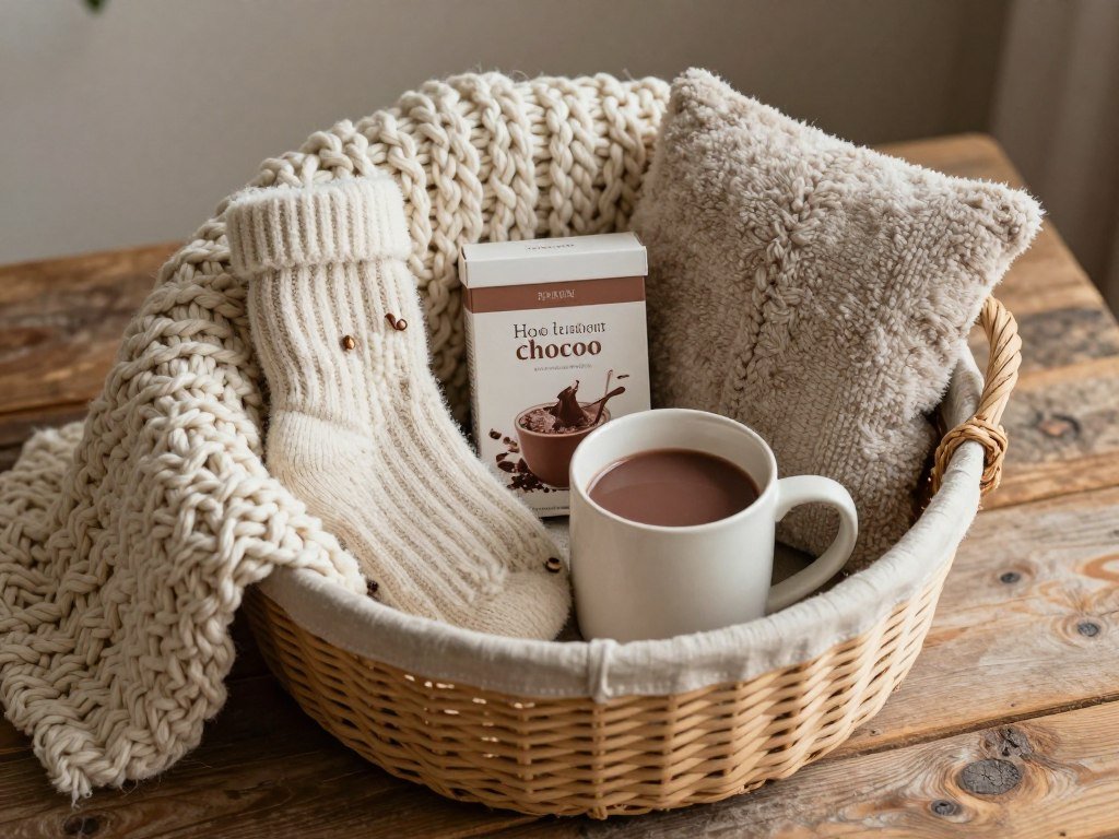 Cozy gift basket with soft blanket and comfort items
