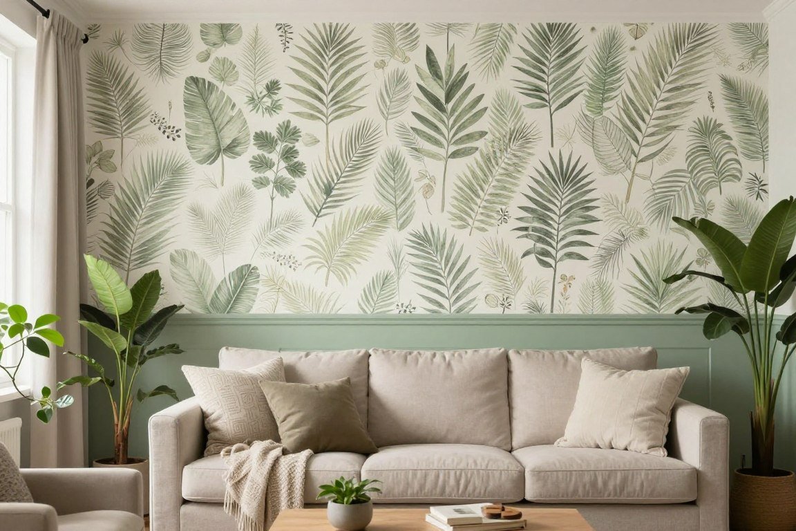 Cozy living room with botanical wallpaper and sage green paint