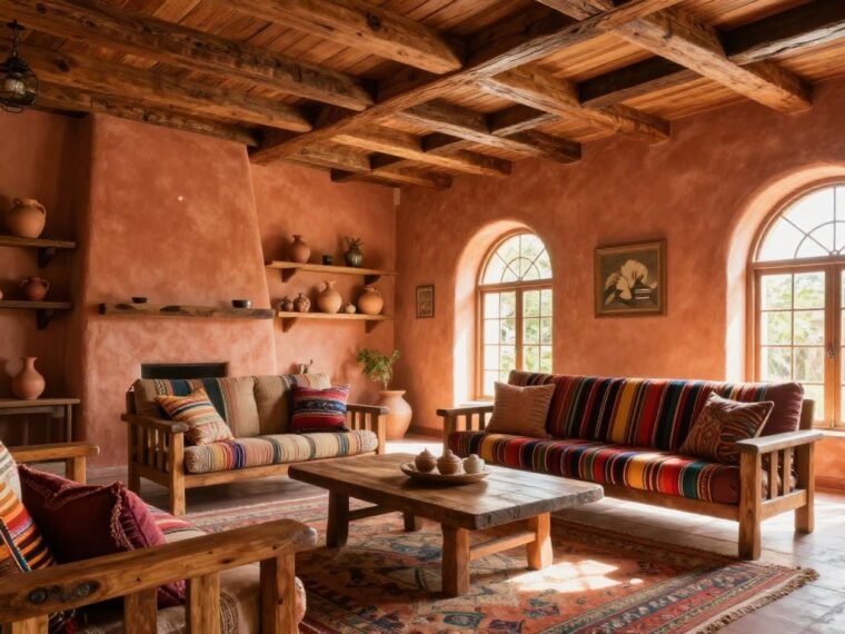 Cozy old Mexican home decor living room with terracotta walls and rustic wooden furniture