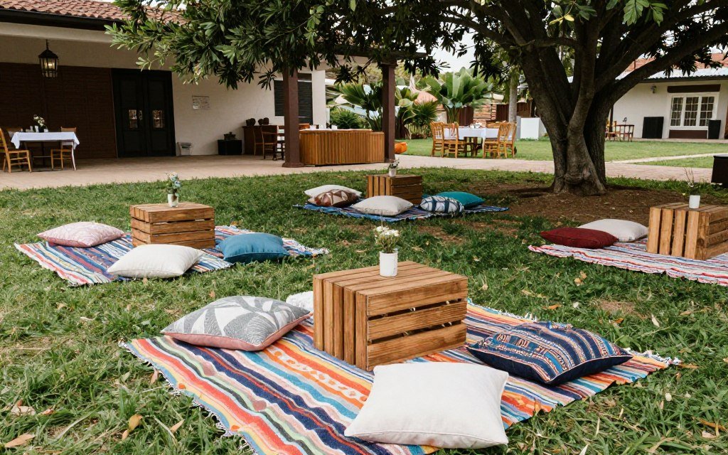 Cozy picnic blanket lounge area with cushions at outdoor wedding