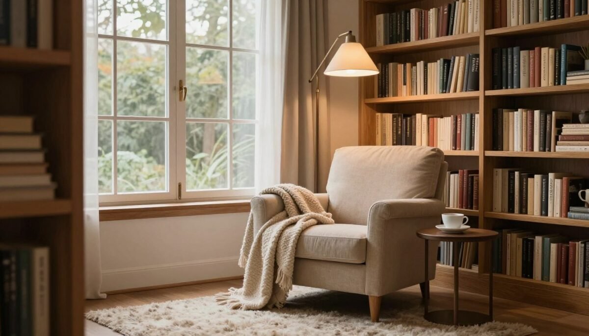 Cozy reading nook with comfortable chair and floor-to-ceiling bookshelves