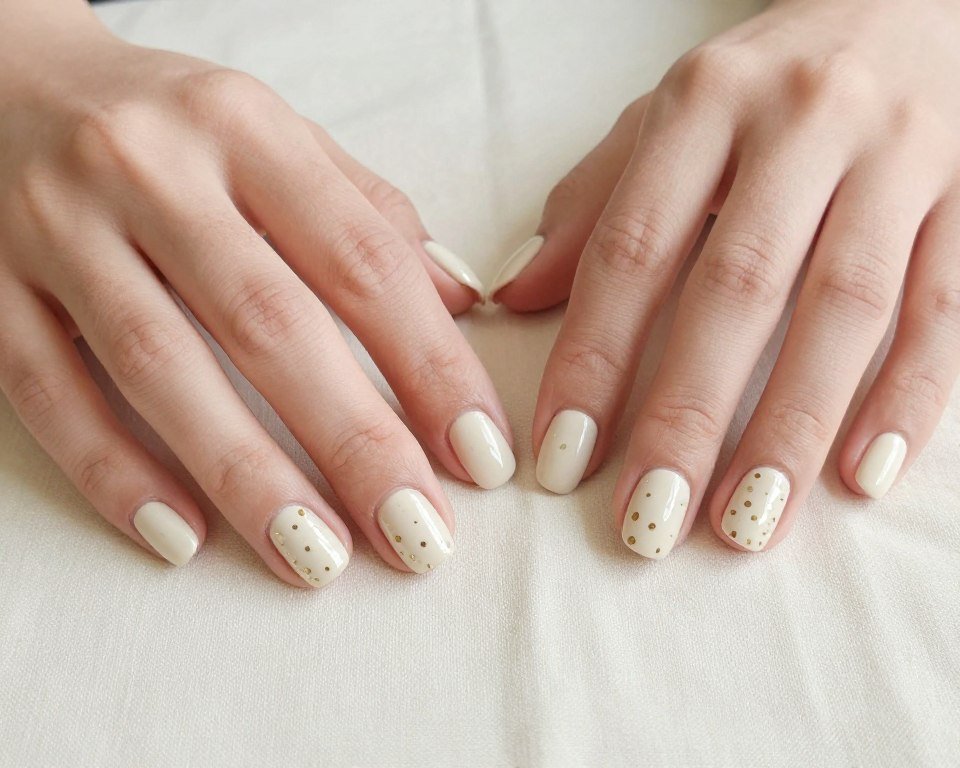 Cream nails with gold dot accents