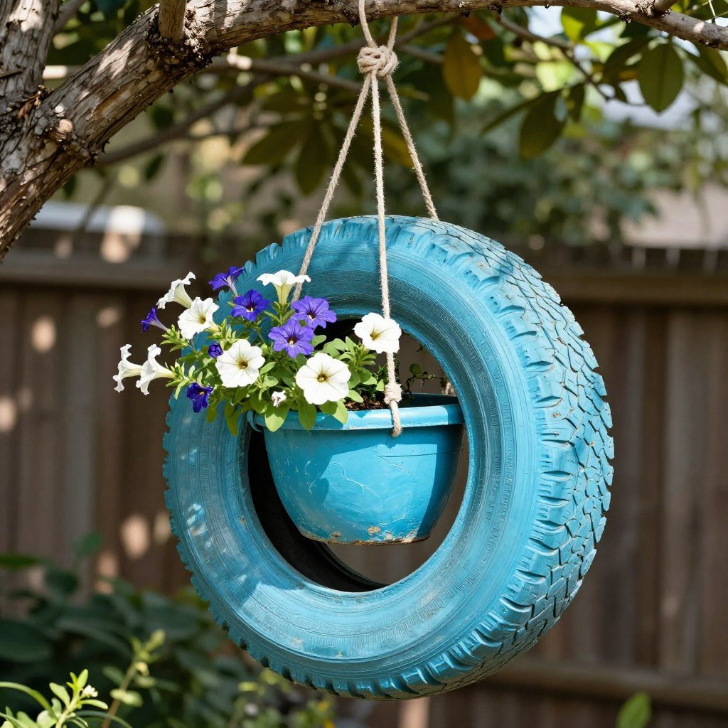 Creative DIY hanging tire planter painted in bright colors with cascading flowers