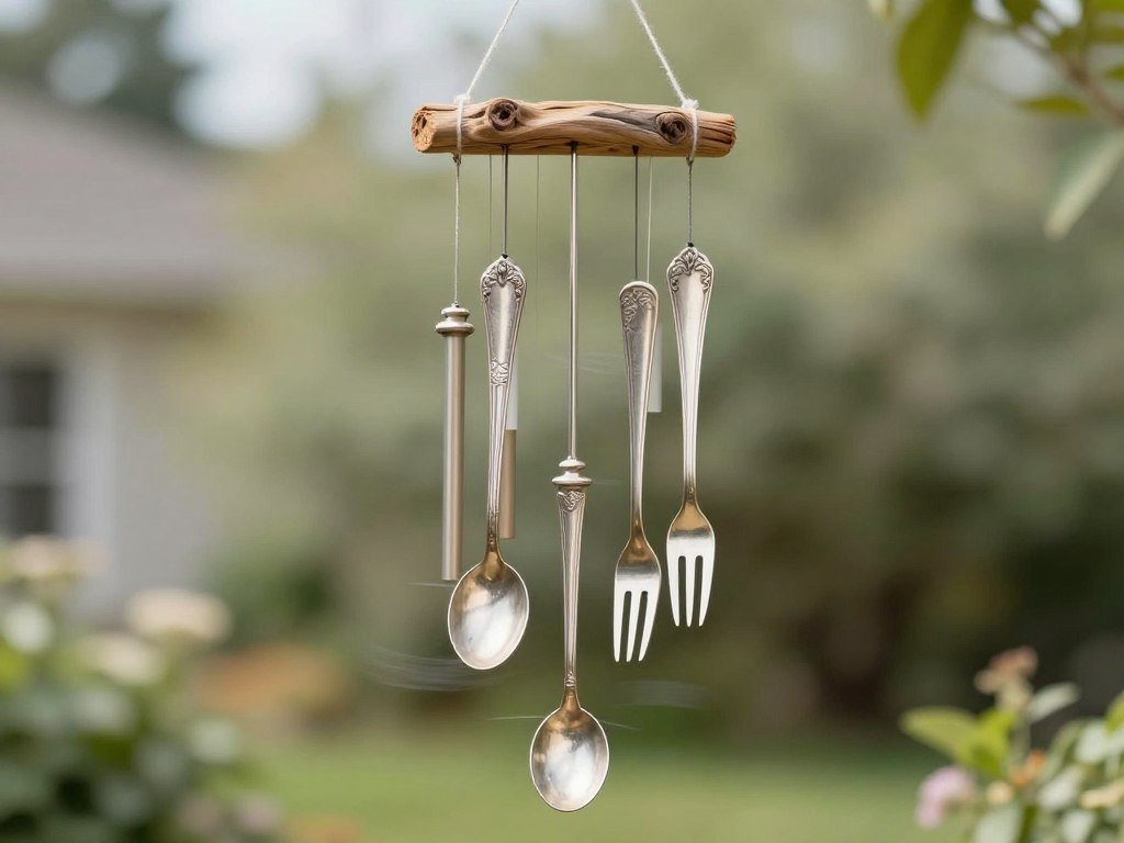 Creative DIY wind chimes made from vintage silverware creating garden art