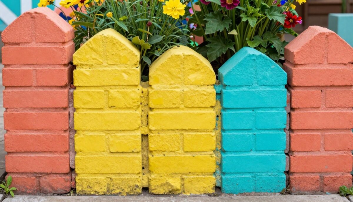 Creative painted brick garden edging in bright colors creating decorative border