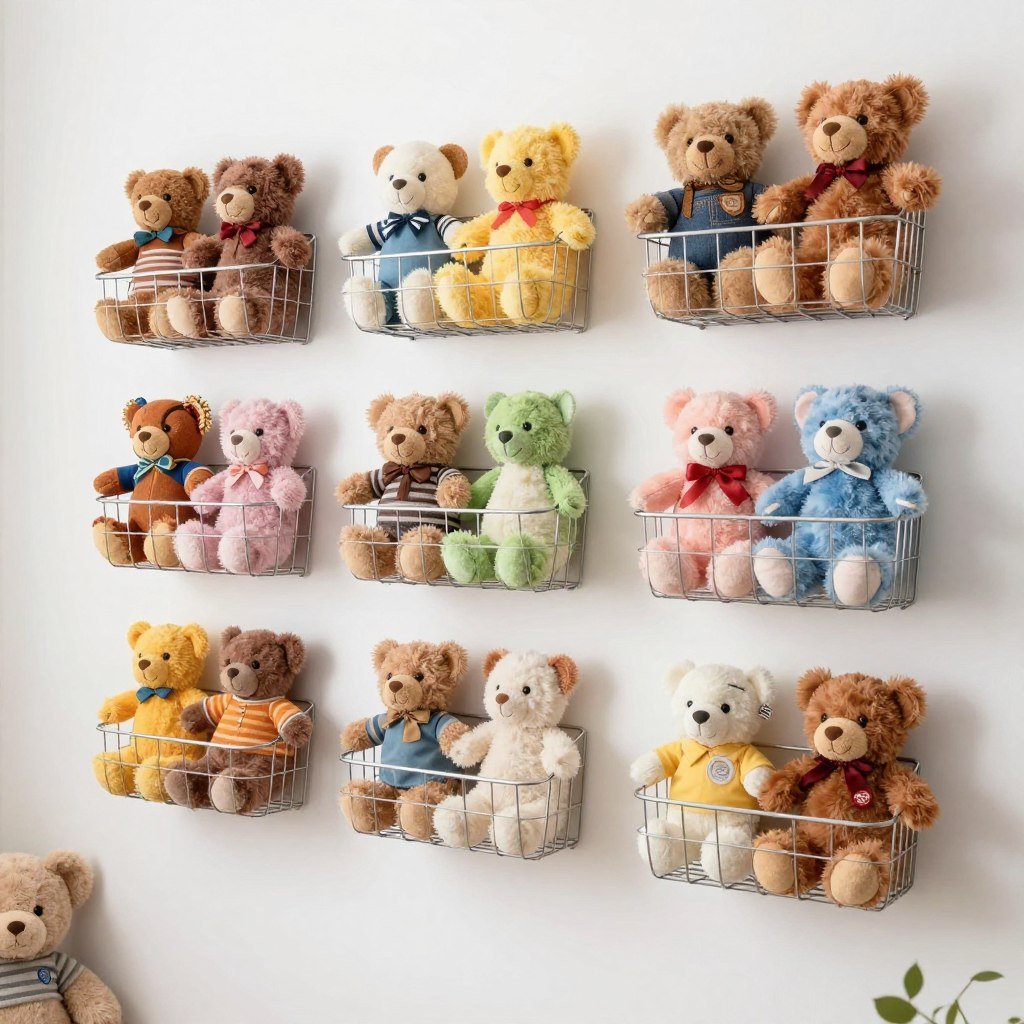 Creative stuffed animal storage in kids playroom
